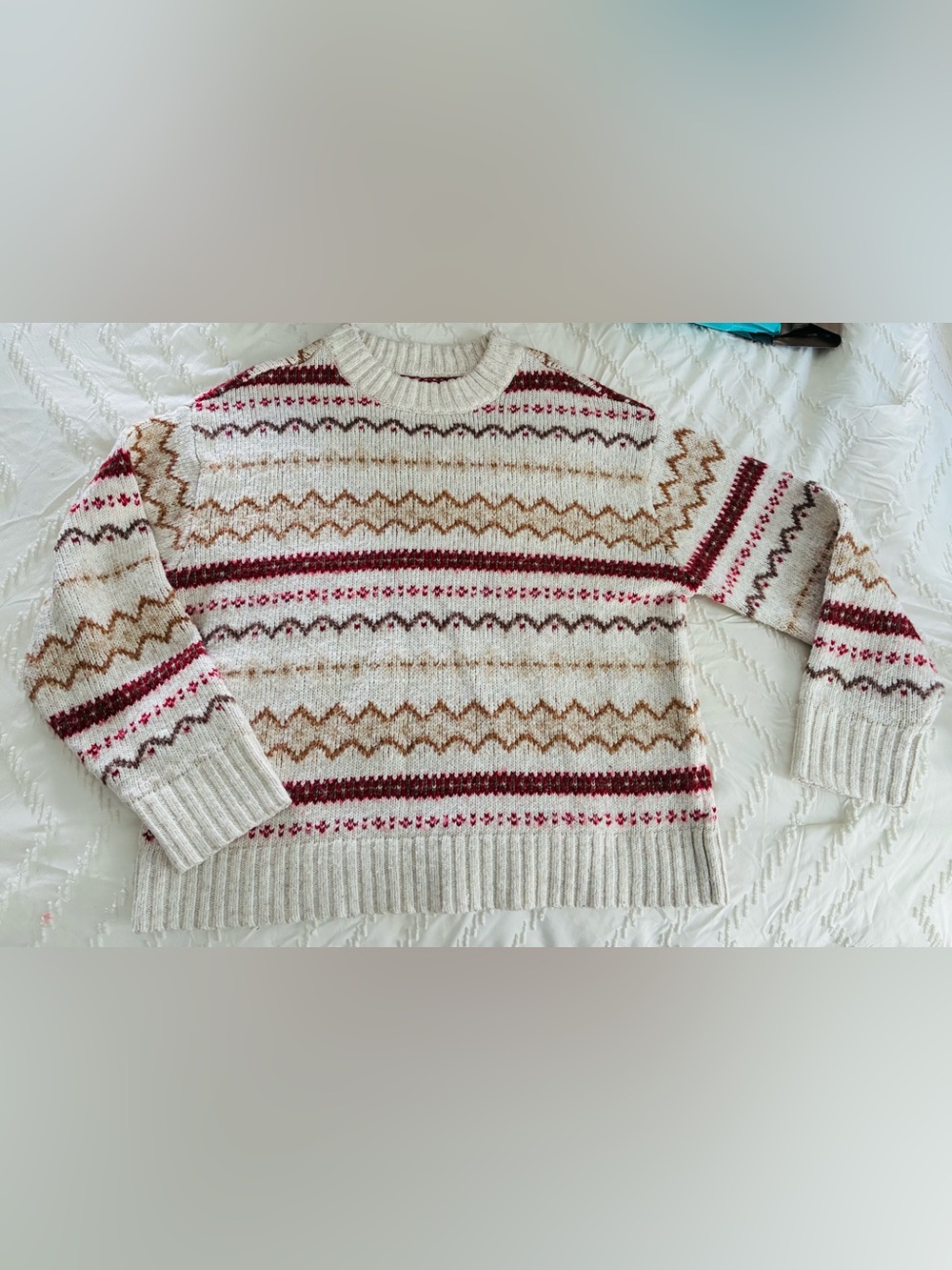 American Eagle Cream Fair Isle Knit Sweater with Red and Brown Stripes women med